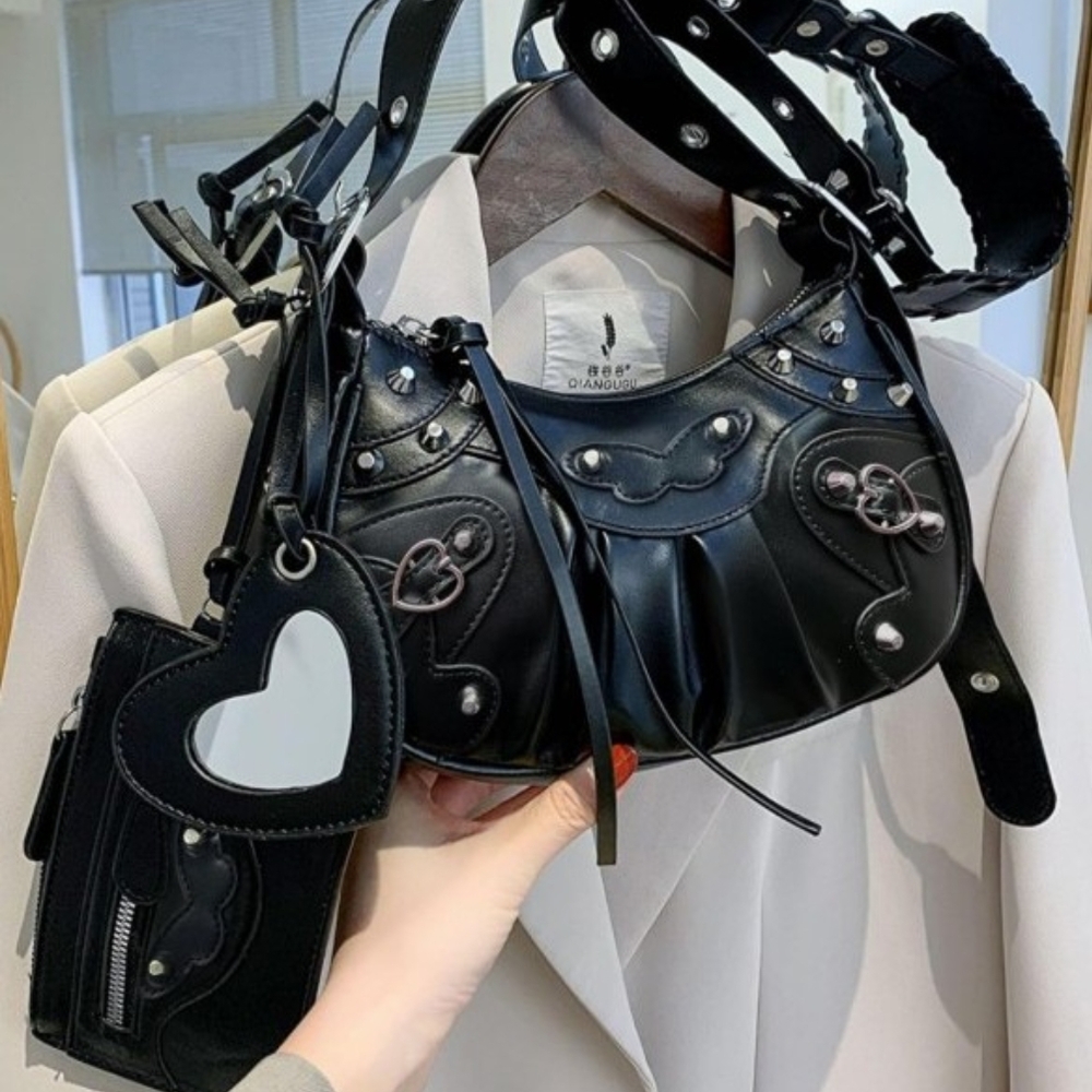 Sexy Biker Purse Crossbody Bag Glossy Rivets Cocktail Punk Rockabilly Goth